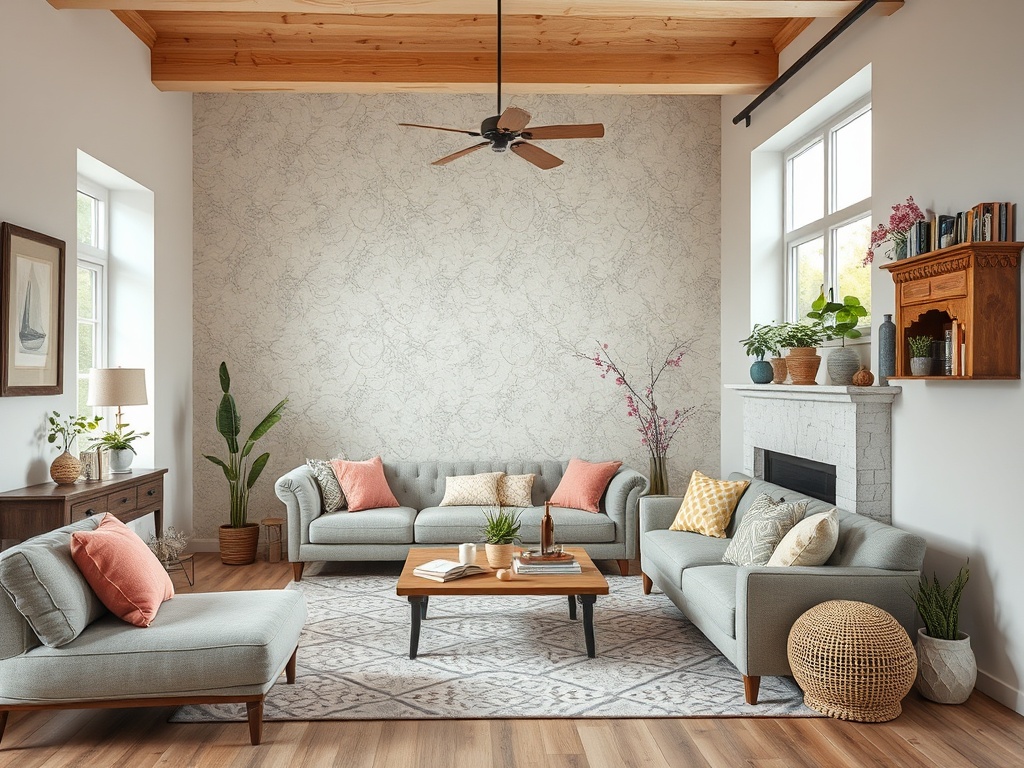 Современная гостиная с мягкой мебелью, деревянным потолком и зелеными растениями на фоне светлых стен.