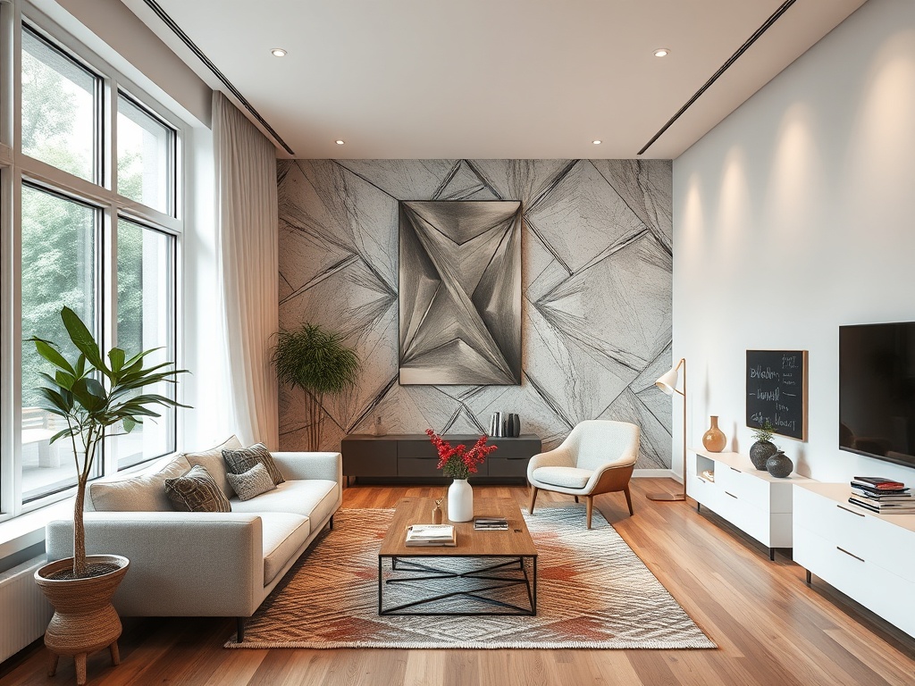 Современный стильный гостиную с удобным диваном, столом и декоративными элементами. Яркие окна добавляют света.