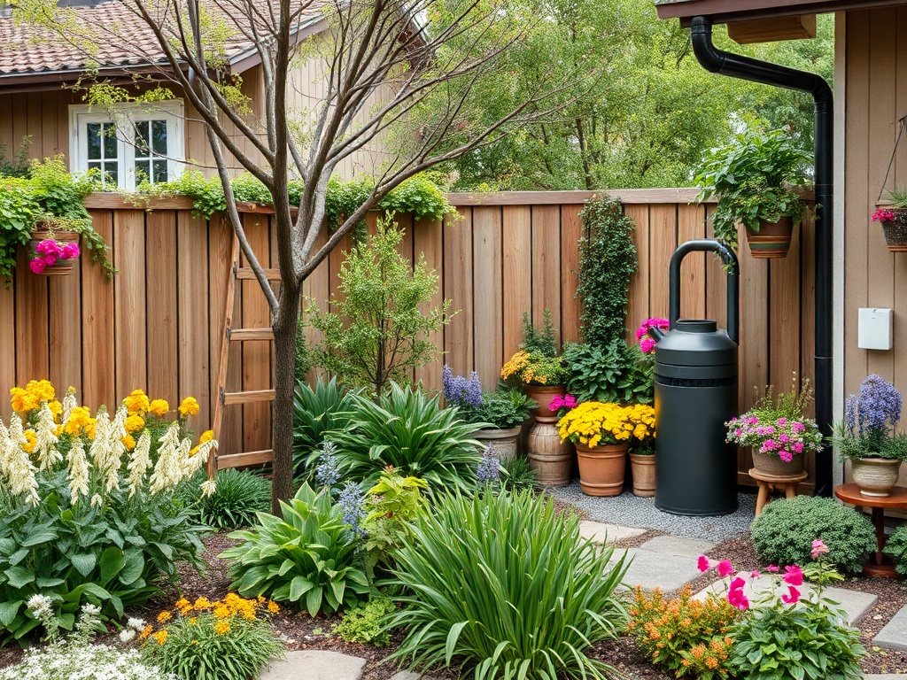 Сад с зелеными растениями, цветами в горшках и черным резервуаром для воды. Деревянный забор и лестница на фоне.