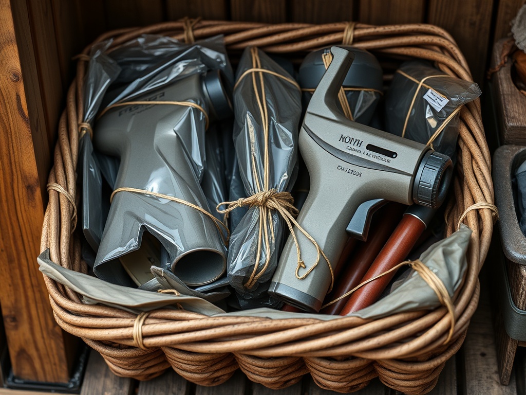 Корзина, полная серых упаковок, включая инструмент и деревянные ручки.