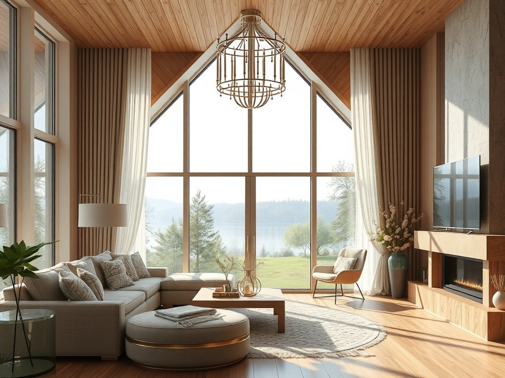 Современный светлый интерьер гостиной с большими окнами и видом на природу. Удобная мебель и уютная атмосфера.