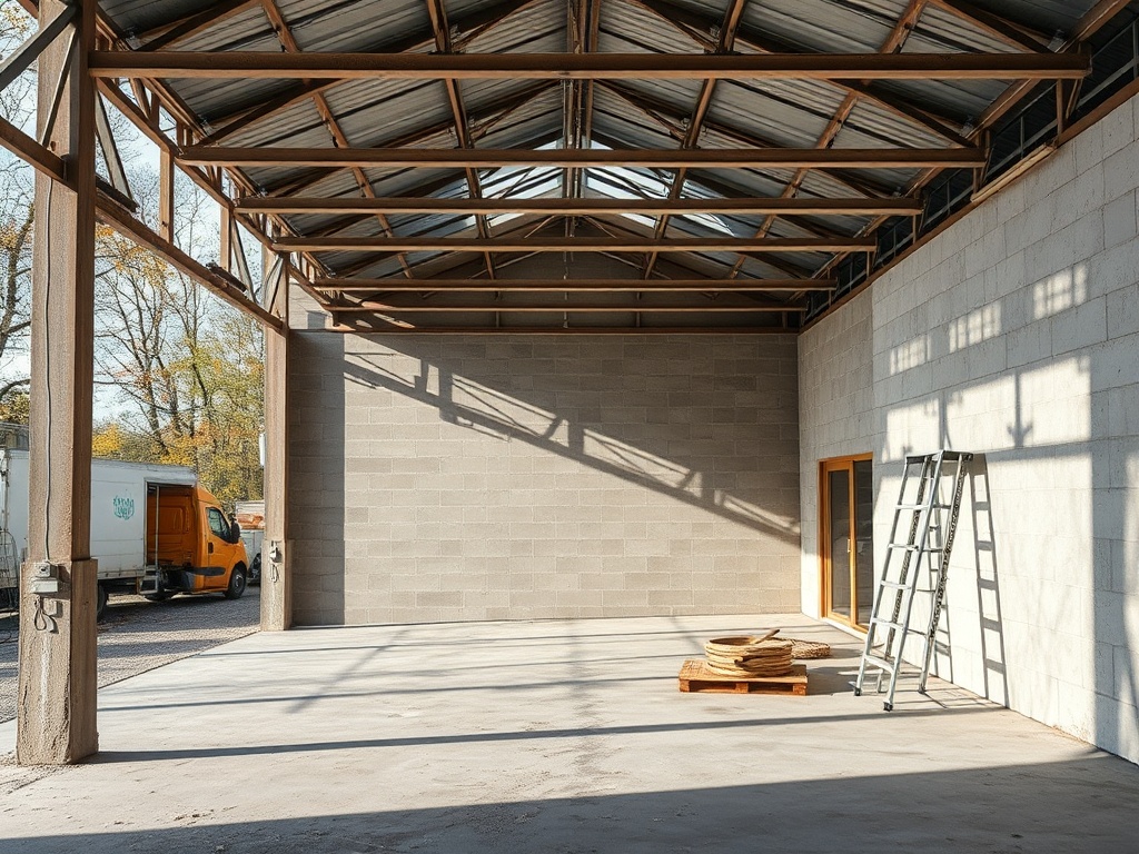 Пустое помещение с бетонными стенами, лестницей и деревянной площадкой, проникает солнечный свет.