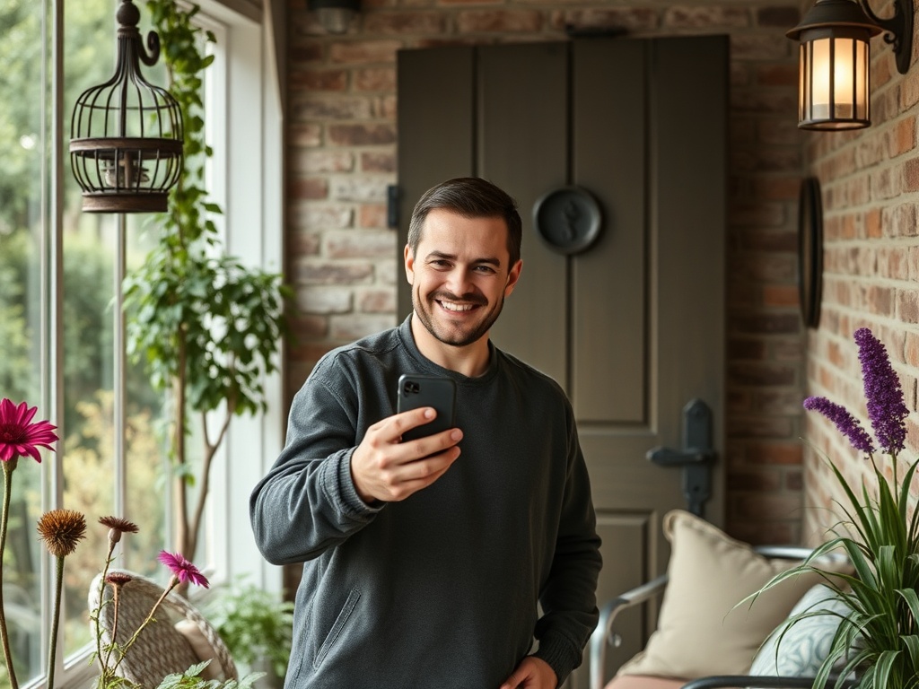Мужчина стоит на веранда с телефоном, улыбается. Вокруг растения и уютная атмосфера.