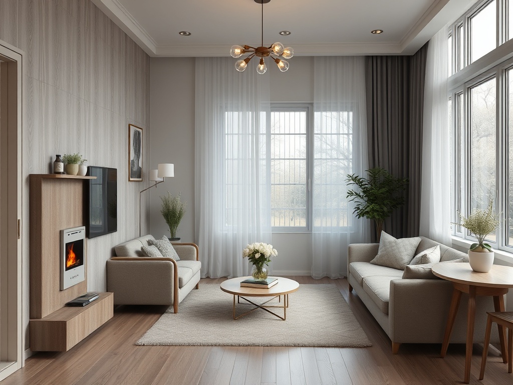 Современная гостиная с мягкой мебелью, ковром, растениями и большими окнами, пропускающими естественный свет.