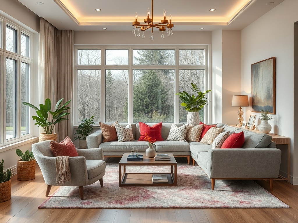 Современная гостиная с серым диваном, уютными подушками и большими окнами, наполняющими светом пространство.