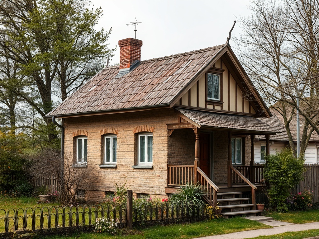 Небольшой дом с черепичной крышей и колоннами, окруженный зеленью и деревьями.