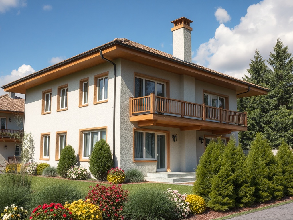 Современный дом с лоджией и красивым ландшафтным дизайном, окруженный зелеными растениями и цветами.