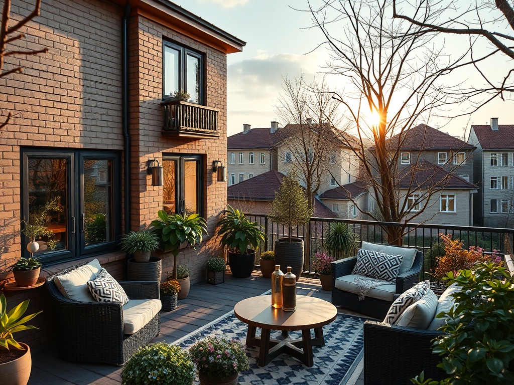 Солнечный балкон с мебелью и зелеными растениями, открывающий вид на город и закат.