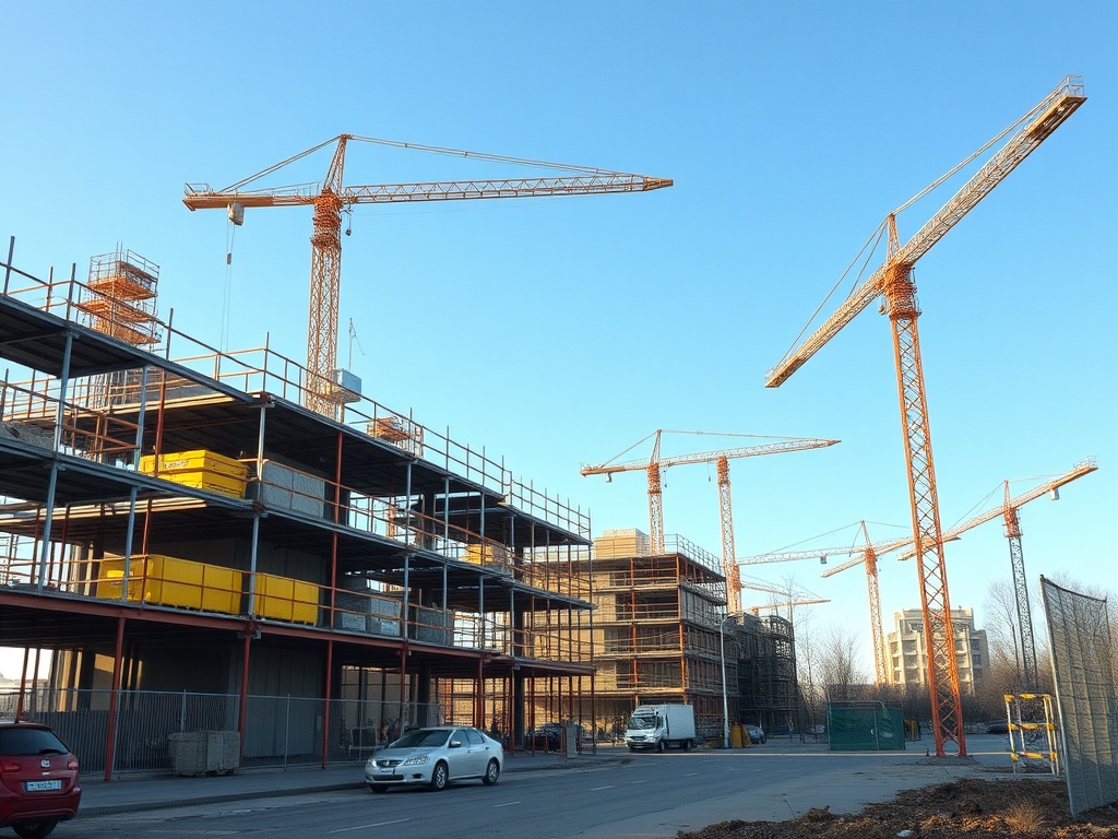 Строительная площадка с кранами и многоэтажными зданиями на фоне ясного неба.