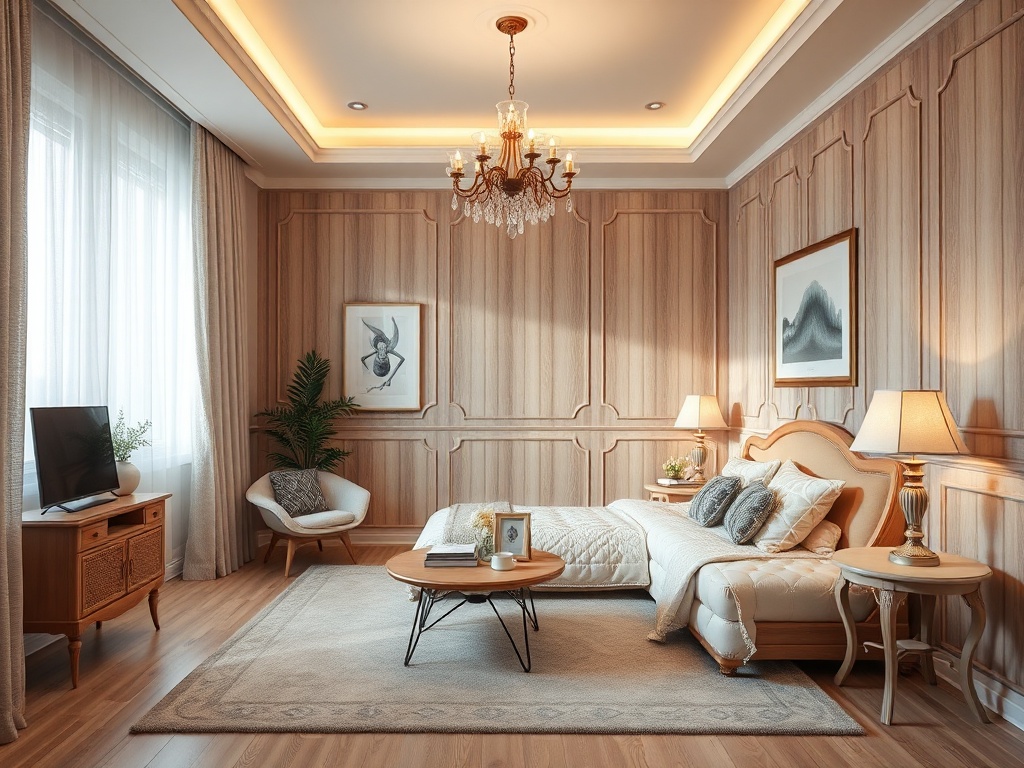 Уютная спальня с деревянными стенами, мягкой мебелью и элегантной люстрой. Светлые тона и роскошный декор.