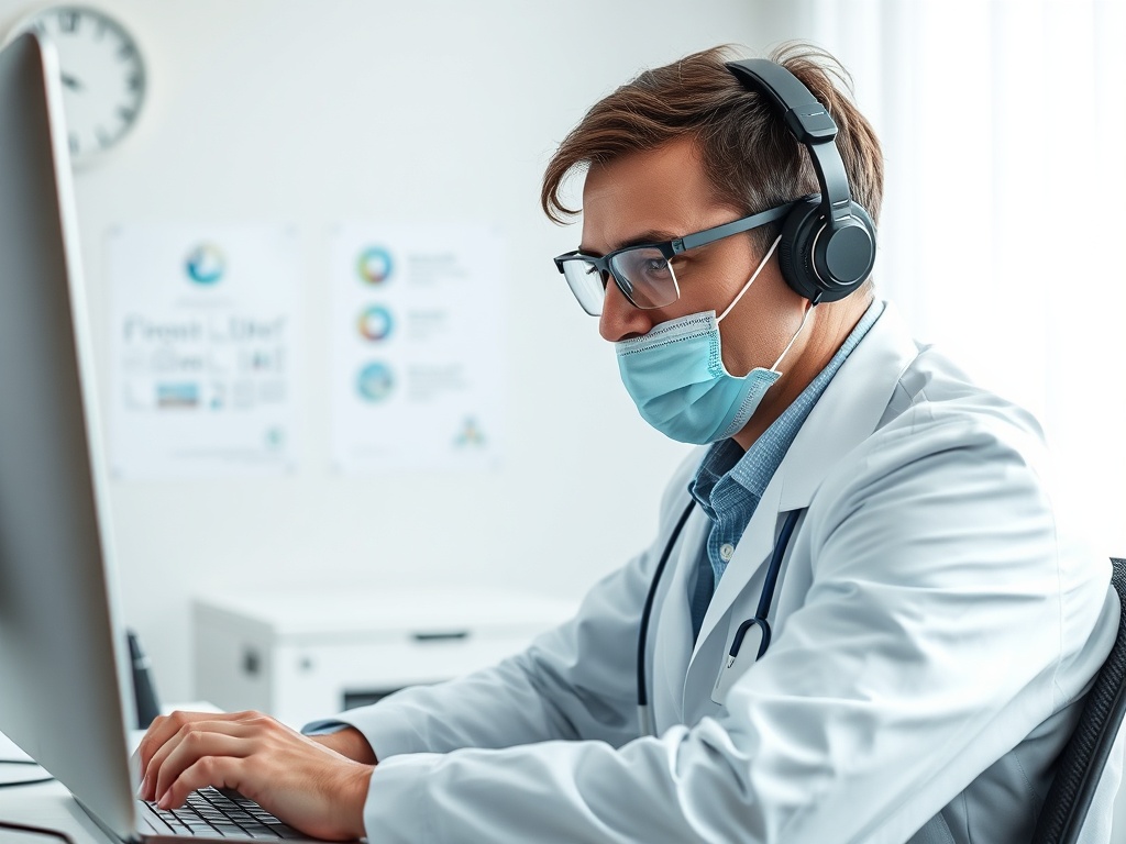 Молодой врач в маске и наушниках работает за компьютером в медицинском кабинете.