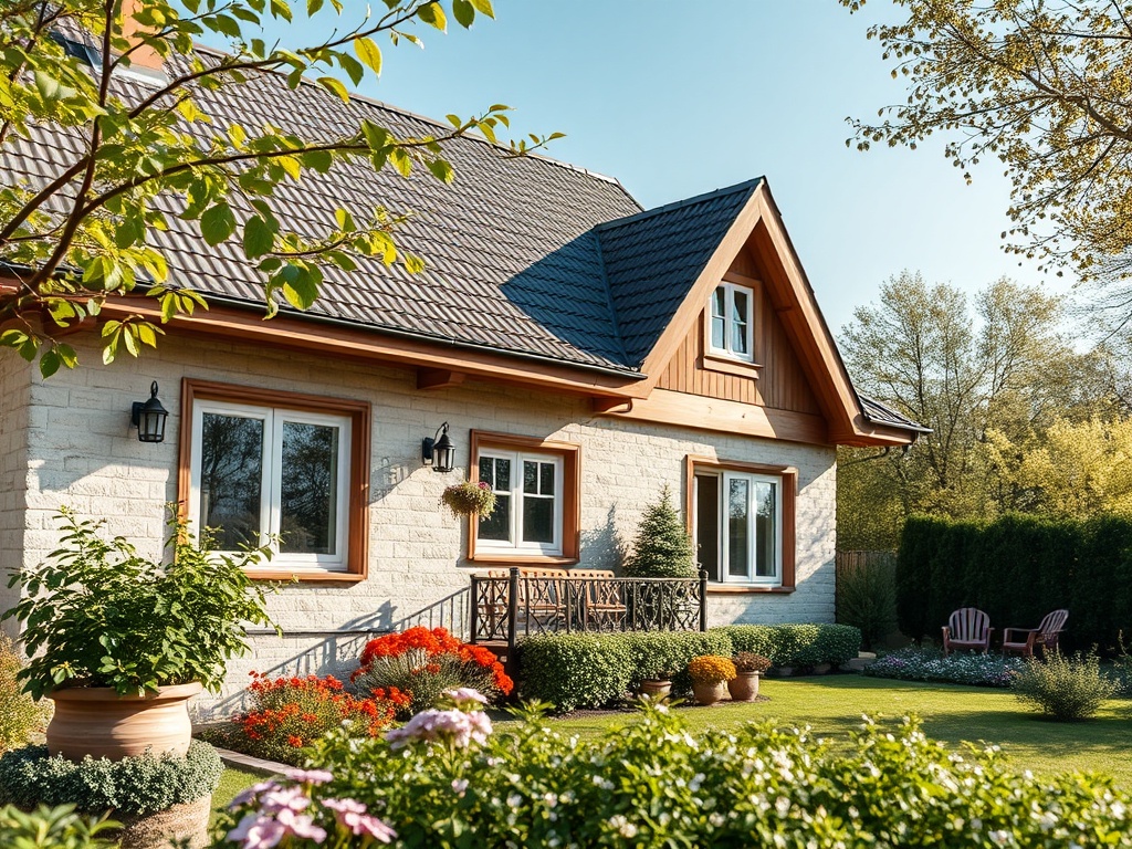 Уютный загородный дом с красивым садом и цветами на фоне ясного неба и зелени деревьев.
