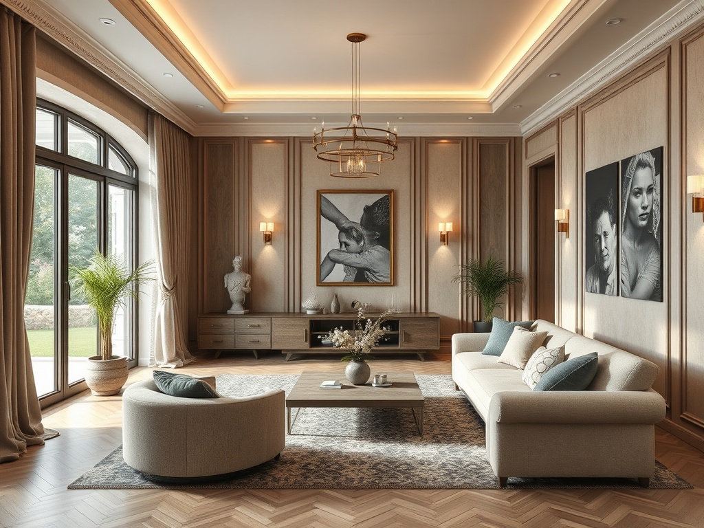 Современная гостиная с мягкой мебелью, картинами на стенах и большими окнами, пропускающими свет.