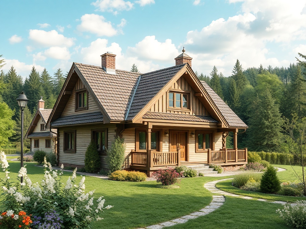 Красивая деревянная дача на фоне леса, окруженная ухоженным садом и цветами. Ясное, солнечное небо.