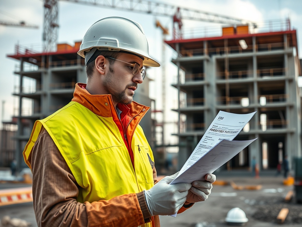 Рабочий на строительстве внимательно читает документы, надет каска и защитная одежда. Строительство на фоне.