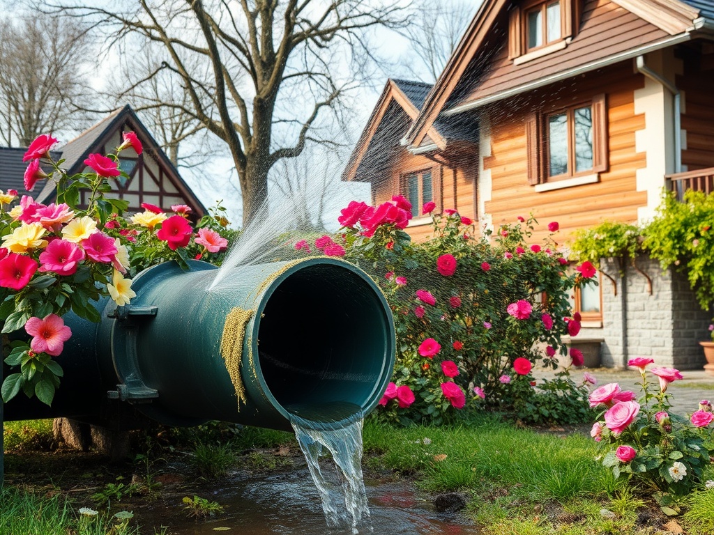 Труба с цветами и струёй воды на фоне загородного дома. Яркие цветы украшают участок.