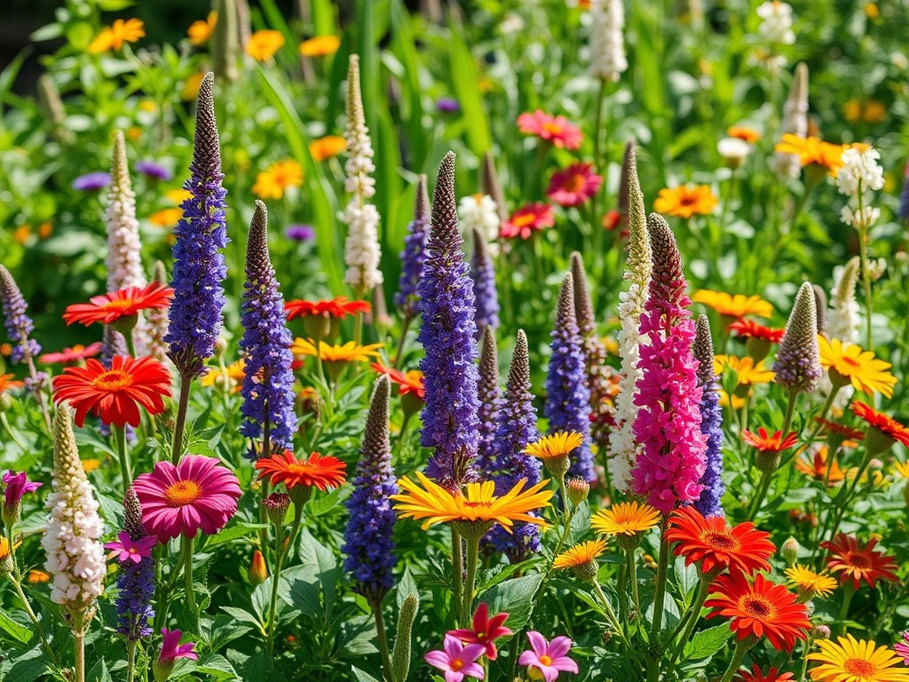 Яркий цветочный сад с множеством различных цветов: пурпурные, желтые, красные и белые растения.