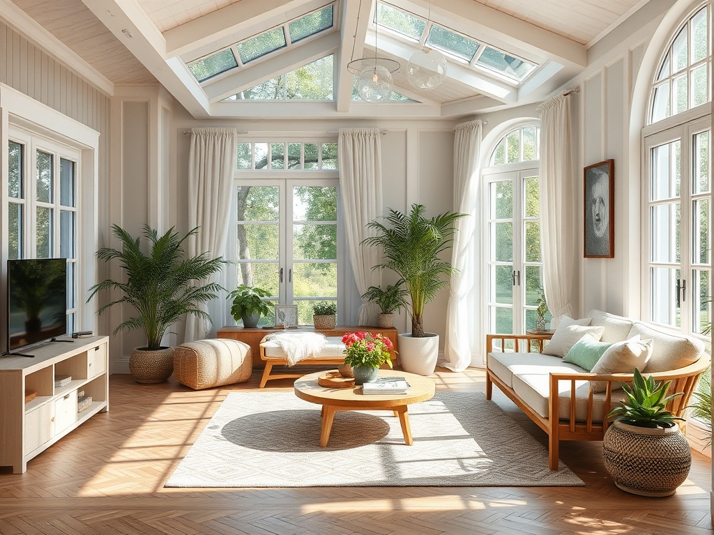 Светлая комната с большими окнами, зелеными растениями и уютной мебелью, создающая атмосферу уюта.