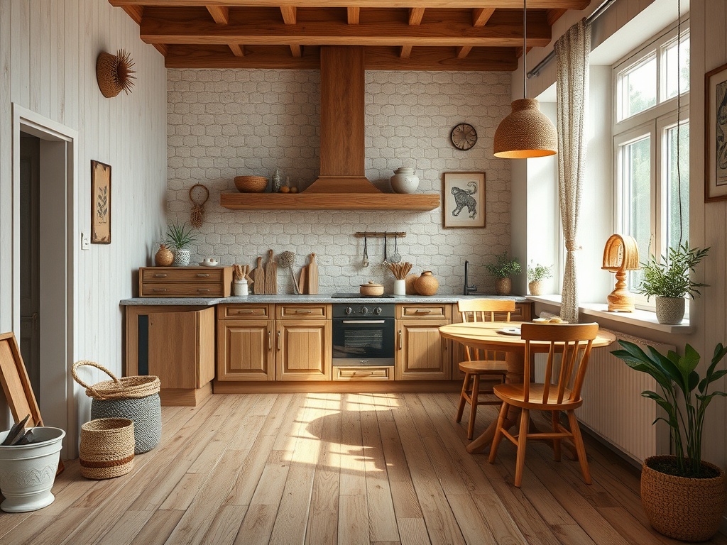 Светлая кухня с деревянными шкафами, столом и стульями, украшенными растениями и уютными деталями.