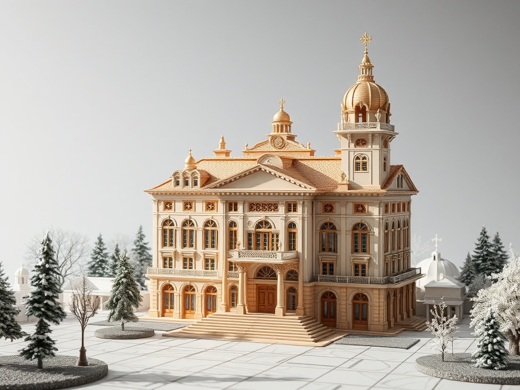 Модель ornate здания с куполом, расположенная среди зимнего пейзажа с деревьями.