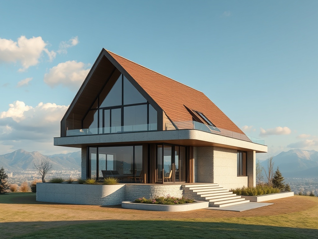 Современный дом с большими окнами, расположенный на фоне гор и ясного неба. Зеленая территория вокруг.