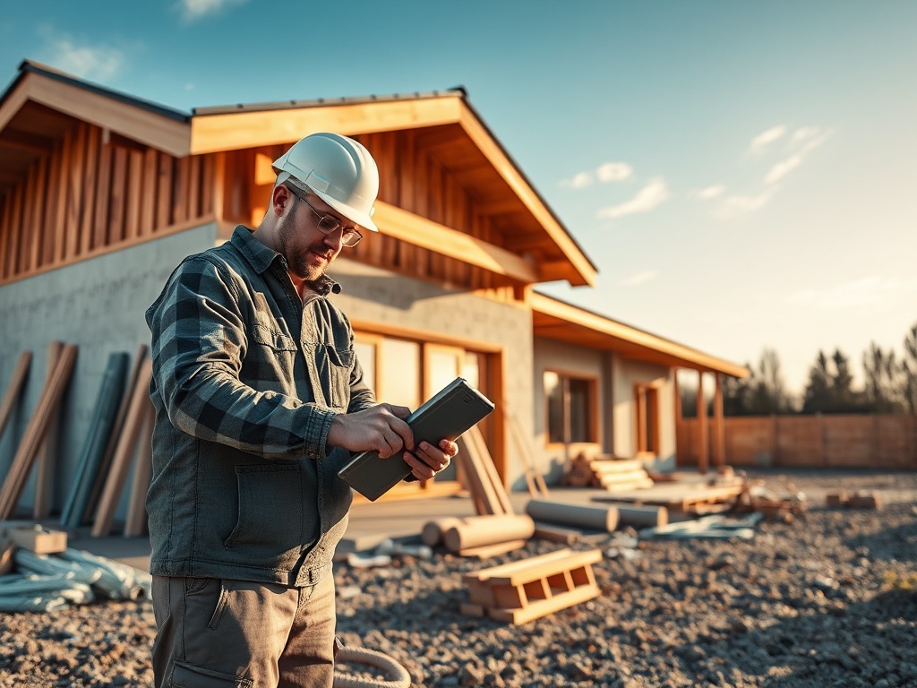 Рабочий в каске и с планшетом на строительной площадке рядом с домом и древесными материалами.